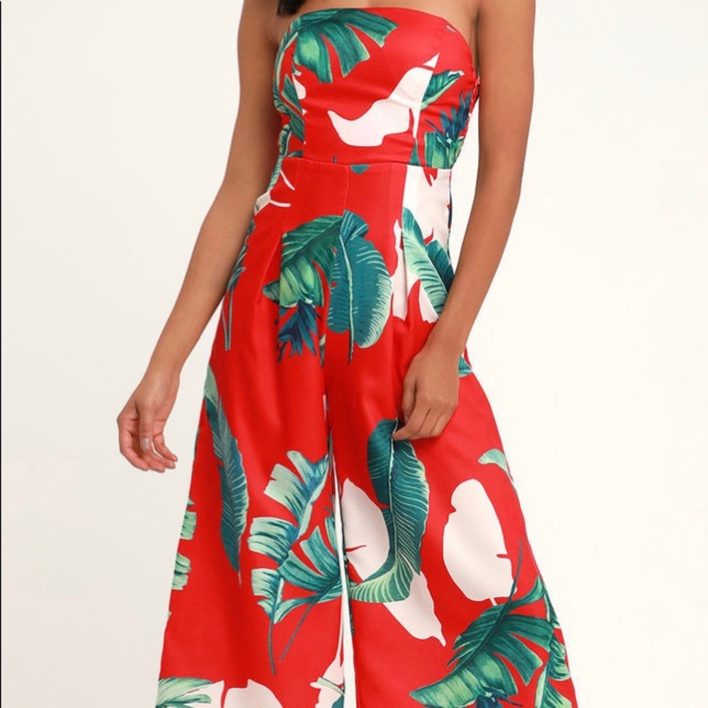 Rainforest Blooms Red Print Strapless Midi Jumpsuit